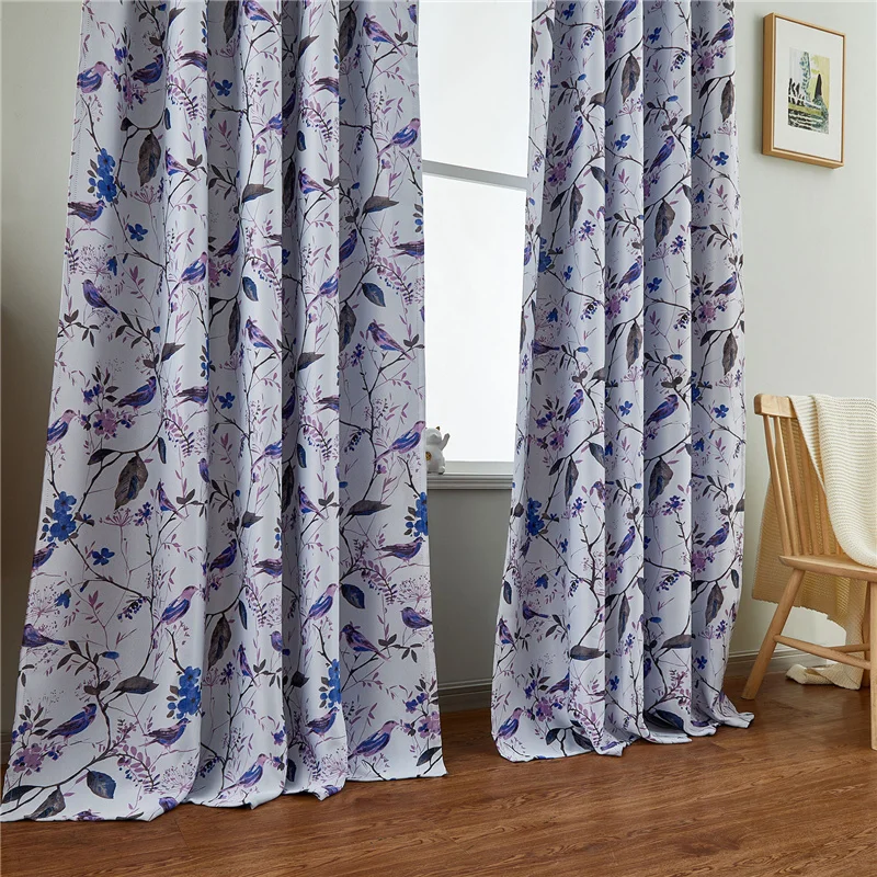 Flower Birds Blackout Curtains in the Living Room Kitchen Tulle Curtain Fabric Tape with Hooks Grommet Rings Top Custom Size | Дом и сад