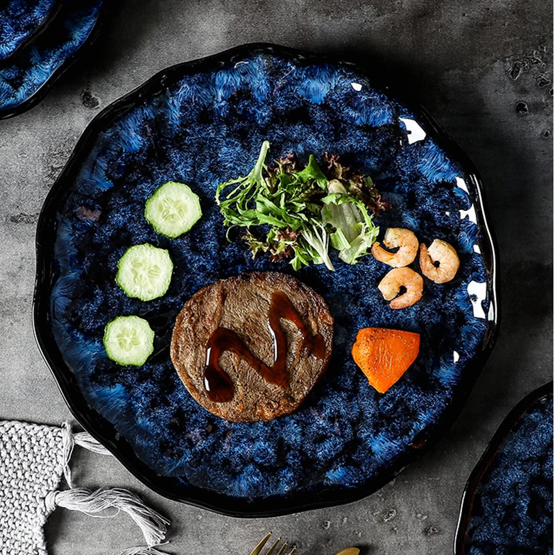 Ceramic Dinner Plates And Bowls Blue Dishes Creative Japanese Retro Kiln Changed Tableware Dinnerware Set Plate Platos De Cena | Дом и сад