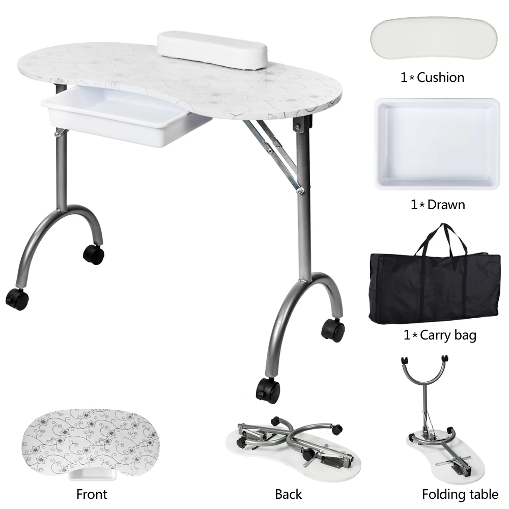 

Folding Manicure Table Nail Desk Station with Drawer White MDF Spa Beauty Salon Equipment Commercial Furniture