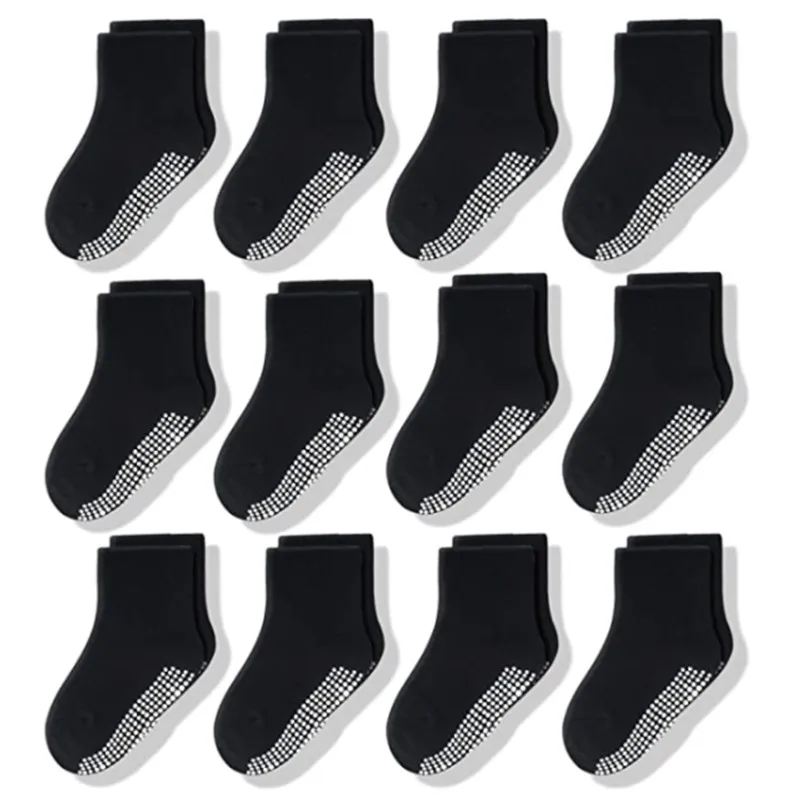 12 Pairs/Lot Non Slip Toddler Socks with Grip for Boys Girls Baby Infants Kids Anti Skid Cotton Crew Socks 1-7Years