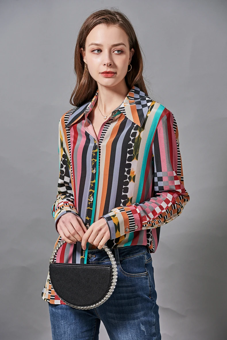 

100% Natural Silk Women's Shirt Turn Down Collar Long Sleeves Leopard Stripe Printed Fashion Casual Blouse Tops