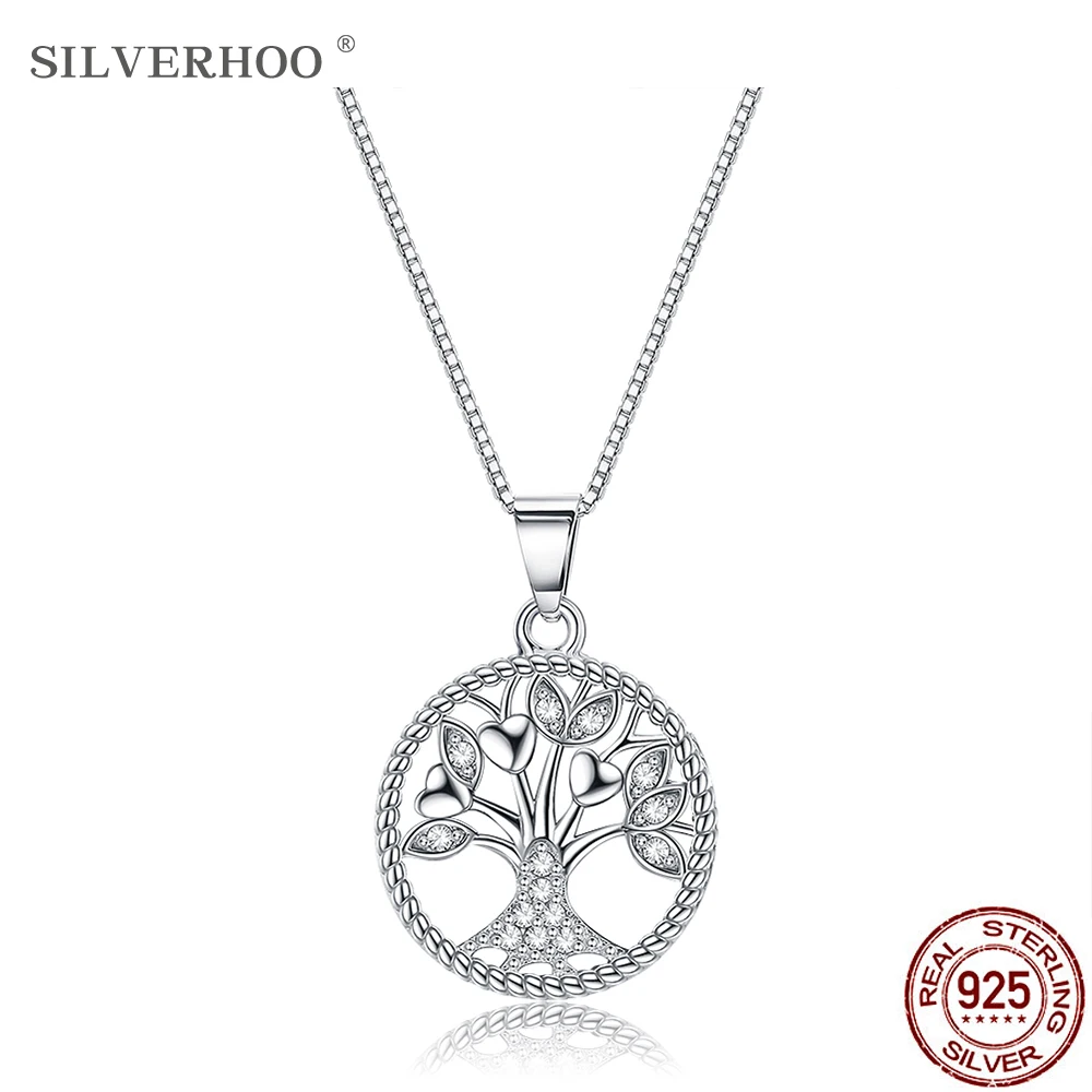

SILVERHOO 925 Sterling Silver Women Necklace Life Tree Shape Pendant Necklaces Peace Love Female Fine Jewelry Mother's Day Gift