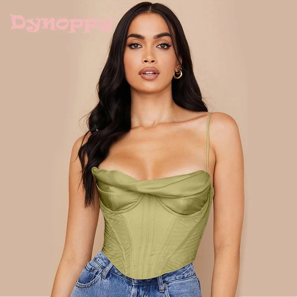 

Dynoppy Women Sexy Sleeveless Green Cropped Cami Tops Party Vacation Outfits Nightclub Blouses Elegant Slim Satin Corset Tops