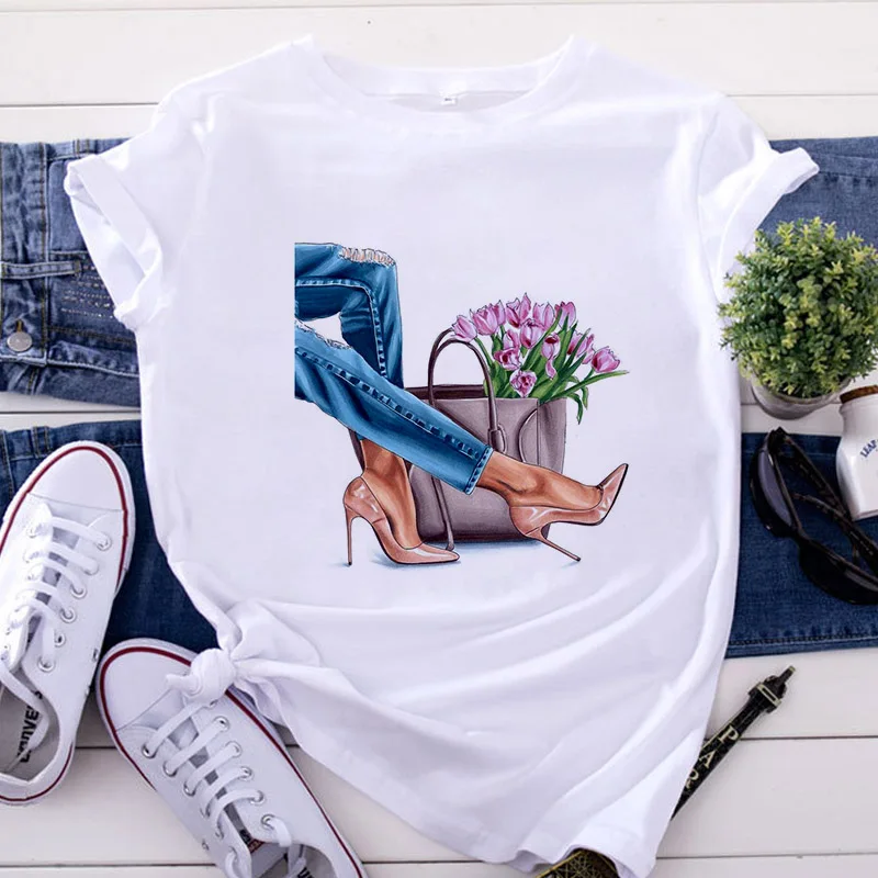 

White T Shirt Women Tops Fashion High Heel Shoes Printed Tshirt 2020 Woman T-Shirts Summer Short Sleeve Tee Shirt Femme clothing