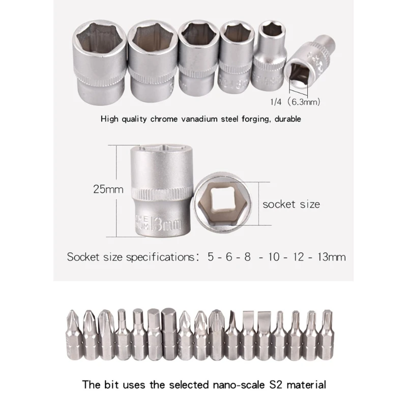 

26pcs Mini Ratchet Wrench Socket Bits 1/4'' Drive Spanner Kit Tools for Bicycle Motorcycle Repairing