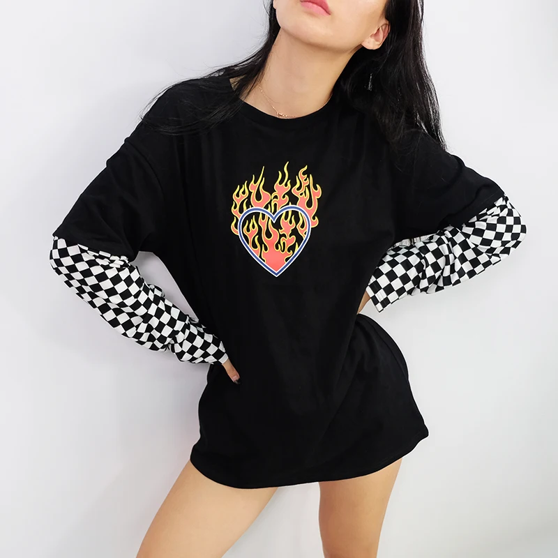 

YICIYA Women Plaid Patchwork Long Sleeve Flaming Heart Print Sweatshirt Autumn Winter Black Checkboard Pullover Fashion Hoodie