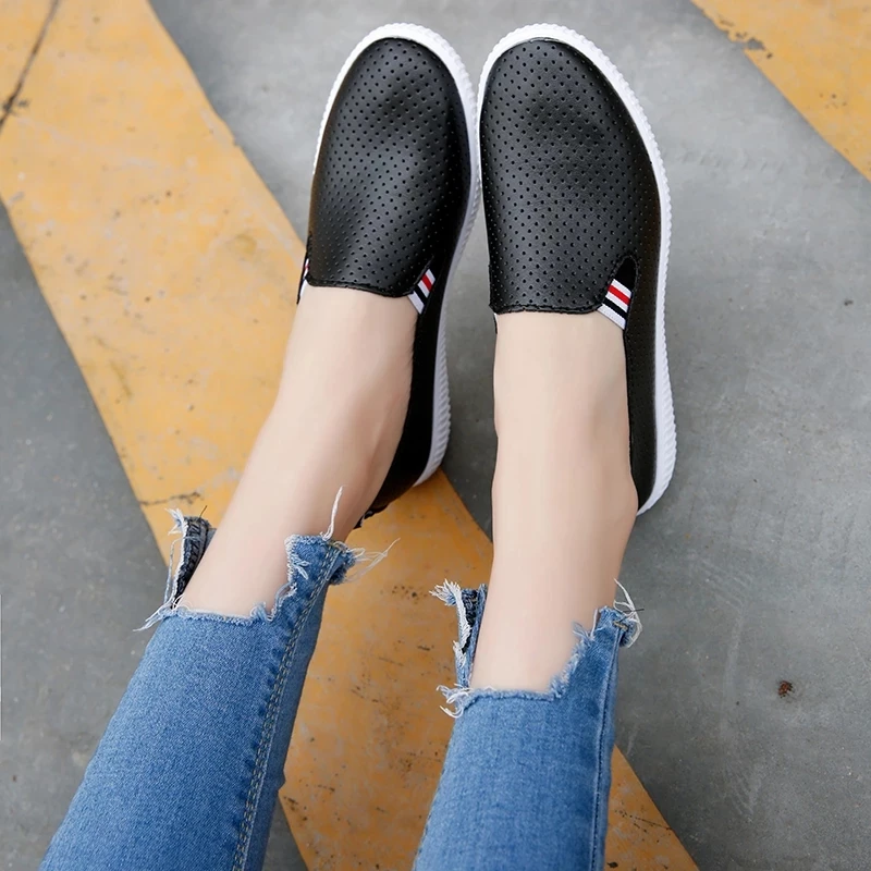 Women Sneakers White Flats Cut-Out Woman Loafers Pu Leather Slip on Shoes Low Heels Casual Shoes
