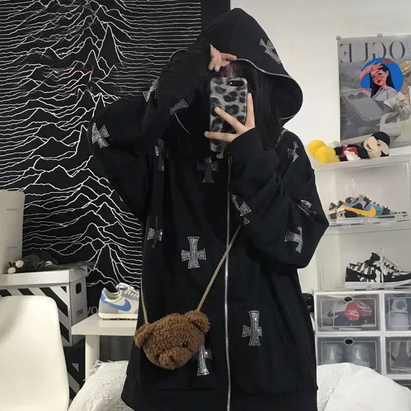 

Streetwear Long Sleeve Black Zip Hoodie Y2k Hip Hop Jogger Sweatshirt Korean Fashion Punk Sports Jacket