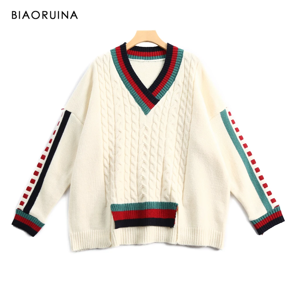 BIAORUINA Women's Fashion V-neck Stripes Contrast Color Oversize Knitted Sweater Office Lady Loose Warm Thick Winter Pullovers | Женская