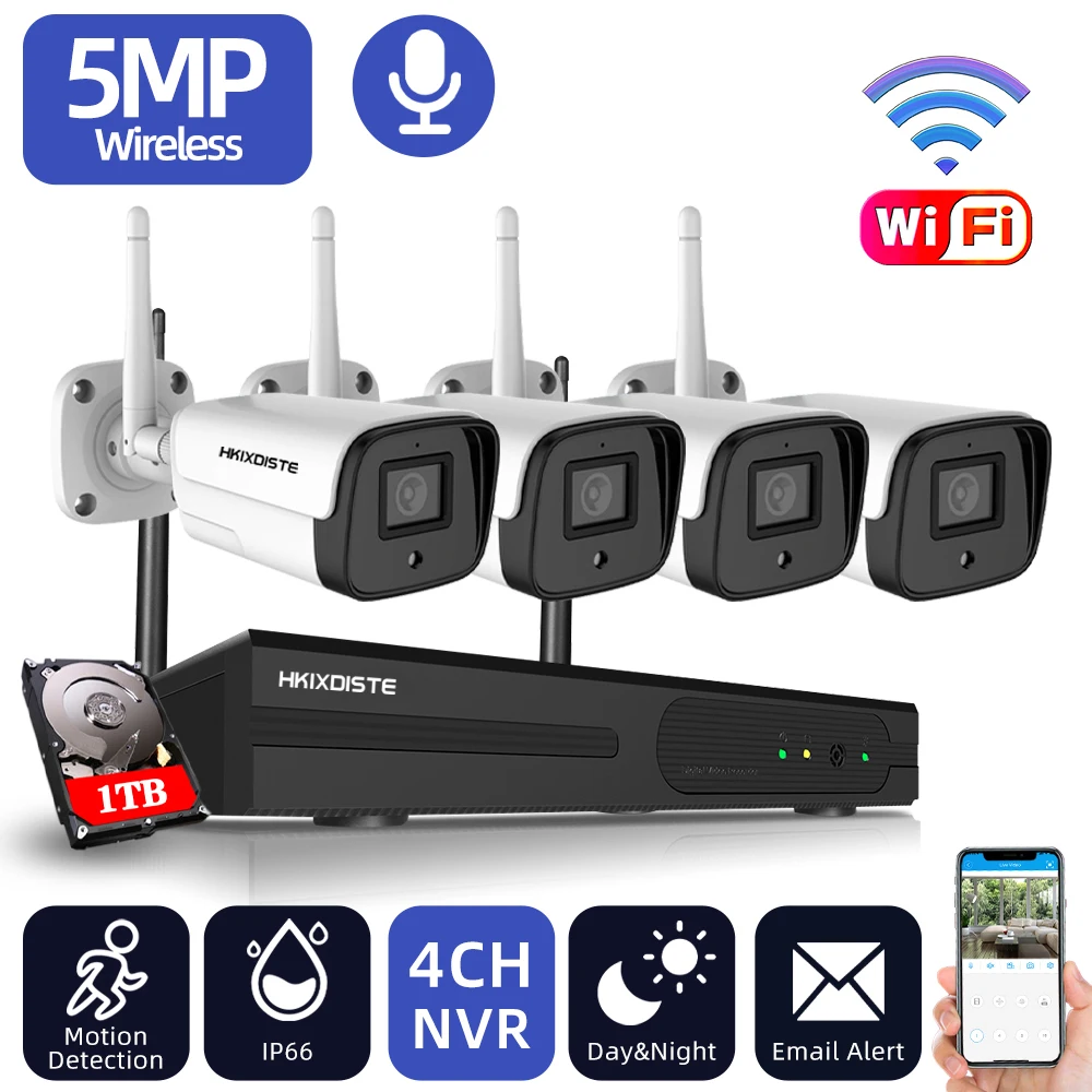 

4CH CCTV System Wireless 5MP HD NVR 4PCS 5.0MP IR Outdoor Waterproof Day&Night P2P Wifi Security Camera Surveillance Kit 1920P