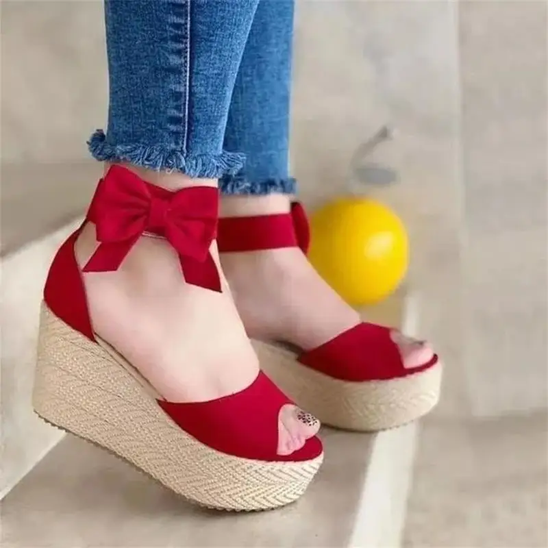 

New Women's Shoes Summer Slope heel Casual Solid Color Imitation Suede Bow Fish Mouth High Heel Platform Sandals Heels Women