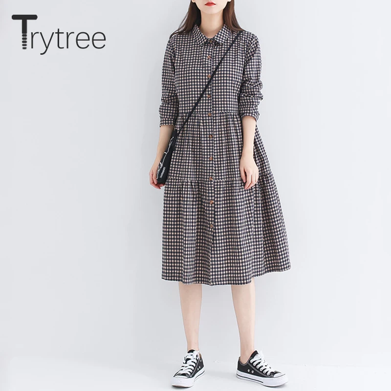 

Trytree 2020 Spring Autumn Casual Women's Dress Turn-down Collar Cotton Blend A-line Hem Plaid Sweet Single-breasted Shirt Dress