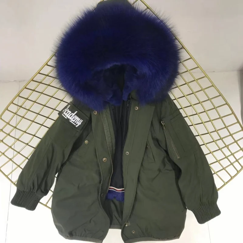 green sapphire fur Настоящий мех кролика, парки, пальто с капюшоном из лисьего меха, Детская куртка для мальчиков и девочек, ветровка, детская зимняя одежда - Цвет: green sapphire fur