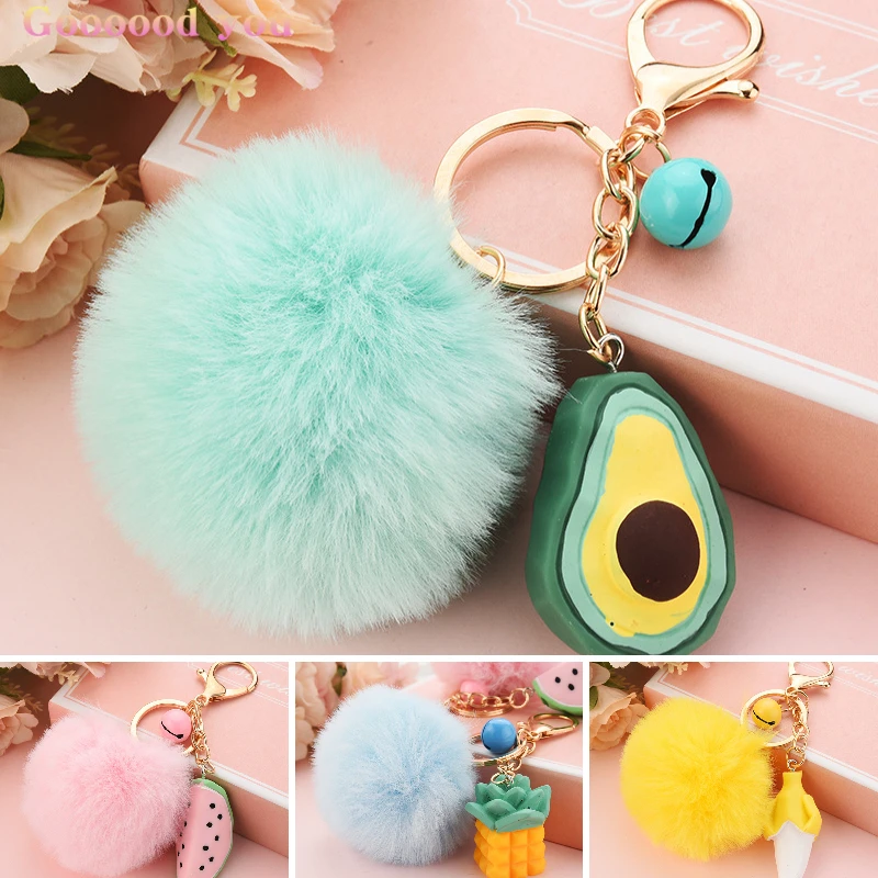 

Section geometry KeyChain Hairball Fruits Banana Pineapple Avocado Watermelon Key Chains Backpack Pendant For Girl Friends Gift