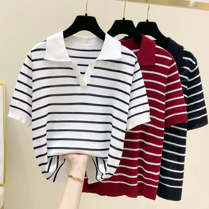 

2023 Summer Casual Striped Knitted Sweater Tshirt Women Polo Collar Tops Pullovers Vintage Fashion Korean Basic Knitwear