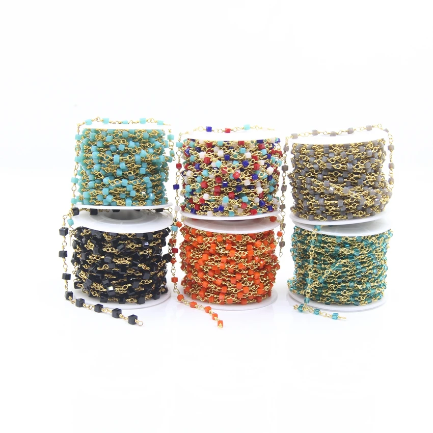 6Color 3mm Glass Cube Beads Rosary Chains,Brass Wire Wrapped Square Glass Beaded Link Chains,DIY Necklace Bracelet Choker Supply
