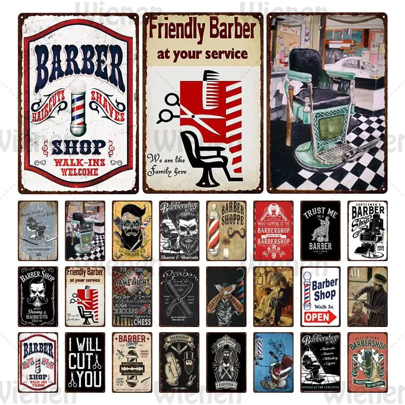 

Metal Tin Sign Vintage Barber Shop Metal Poster Wall Art Shabby Chic Haircuts Shaves Plaque Barber Decoration Cool Wall Sticker