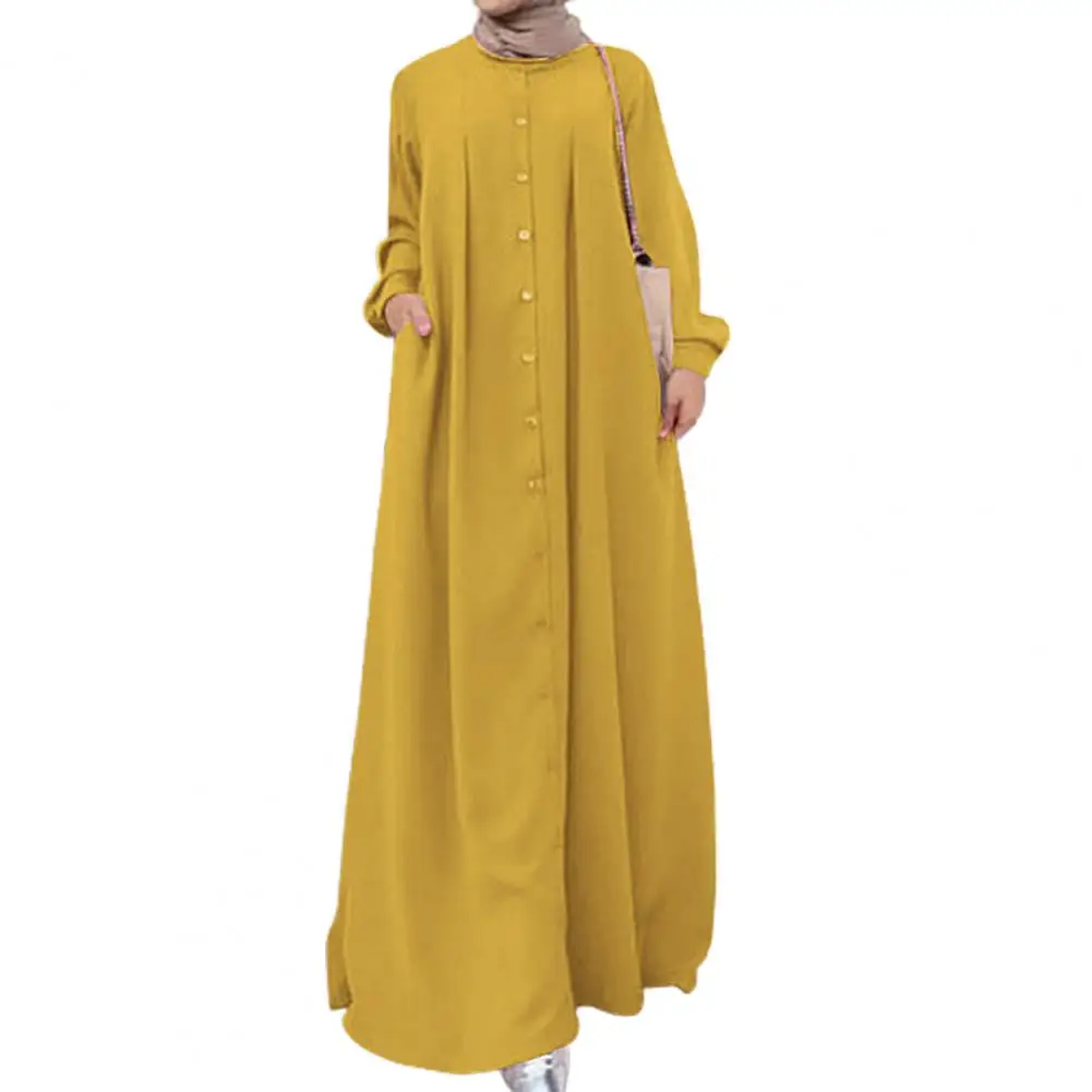 

Single-breasted Stylish Loose Waist Solid Color O-Neck Maxi Dress Pure Color Women Dress Large Hem for Dating