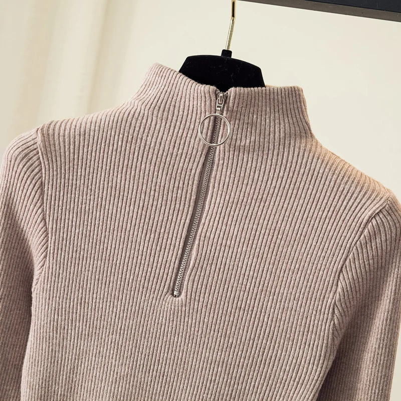 

YSDNCHI 2020 Autumn Women Casual Pullovers Zipper Sweater Solid Turtleneck Sweater Women White Slim Sexy Tight Black Knitted Top