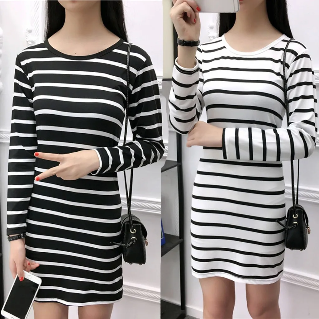 Женское осеннее модное корейское платье в полоску длиной до колена с длинным