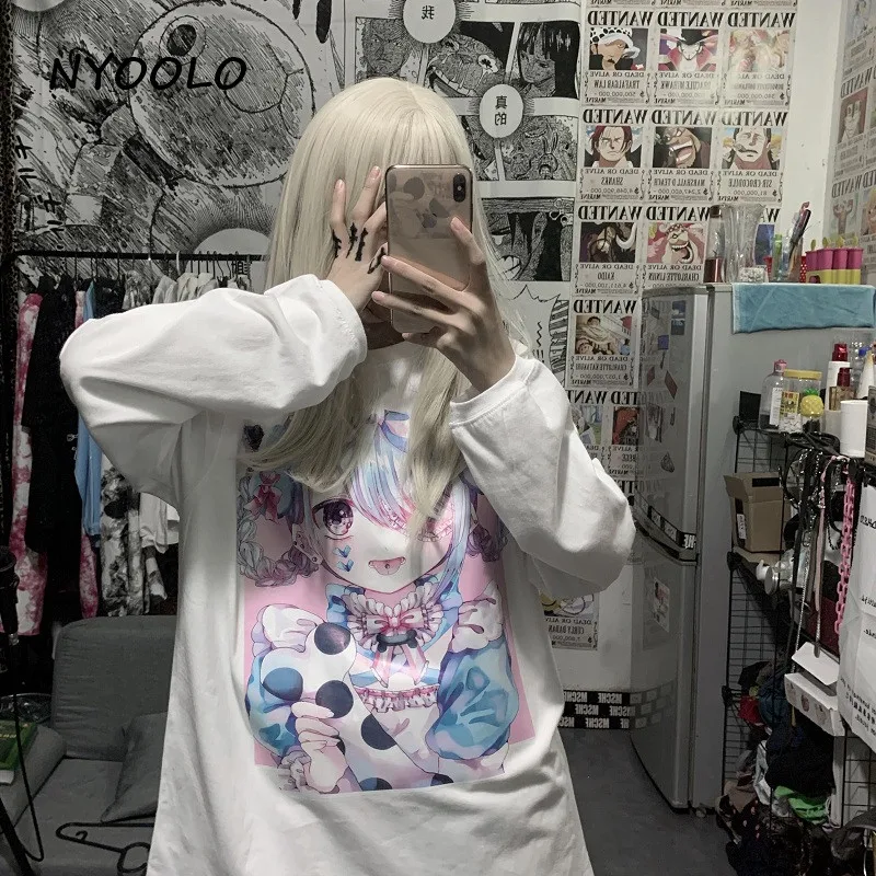 

NYOOLO Harajuku streetwear long sleeve white T-shirt women clothes Autumn cute kawaii cartoon anime print sweet girls tops tee