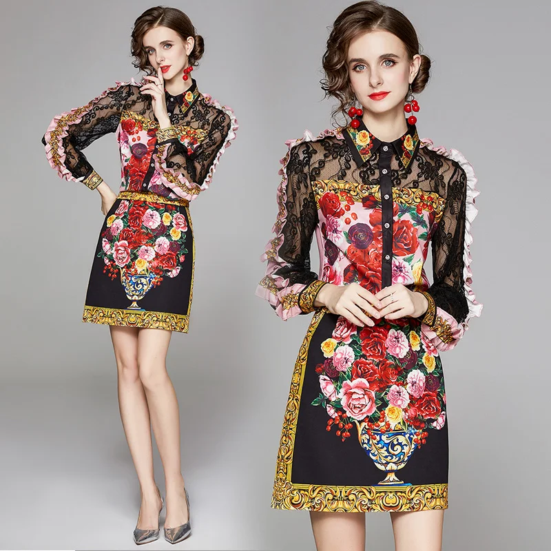 

2021 New Summer Women Fashion Palace Retro Printed Long Sleeve Lace Patchwork Shirt + High Waist Skirt Two Piece Sets