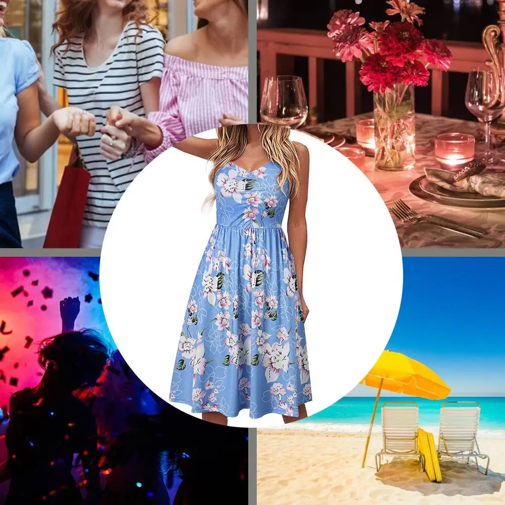 

New Women Printed Sling Dress Sleeveless V Neck Beach Skirt A Line Sundress Casual Elegant 2021 Summer Ladies Clothing Pocket