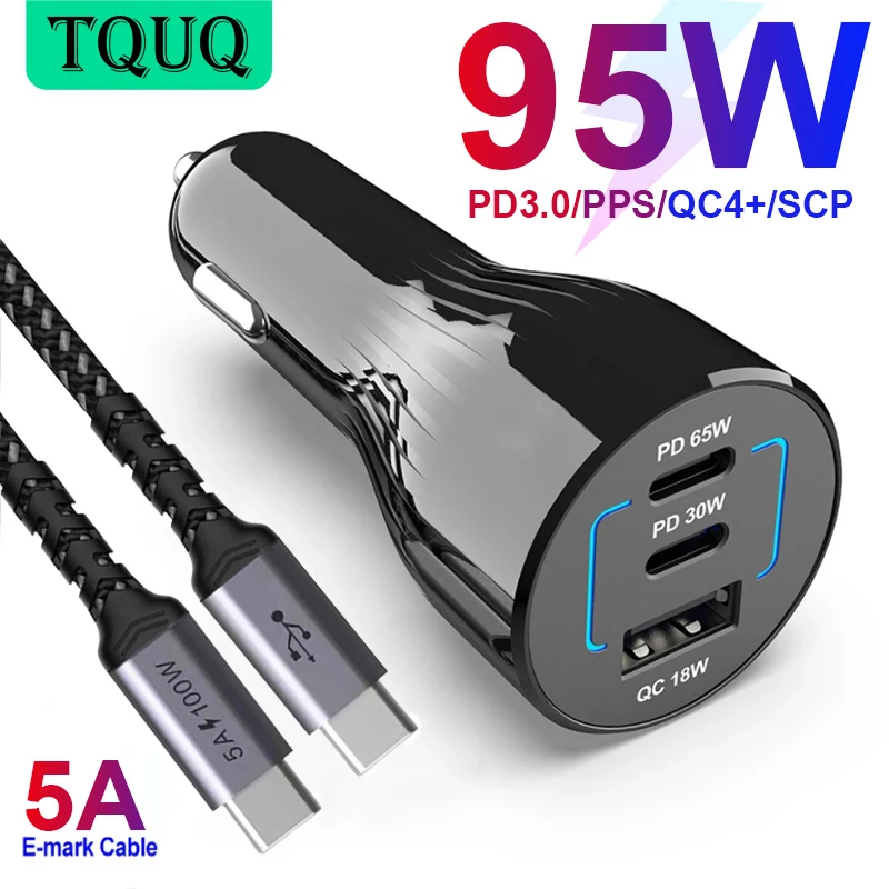 

TQUQ 95W 3-port USB C Car Charger,Super Fast Charging PPS PD 65W/45W/30W/20W QC4+ 18W For Xiaomi Laptop iPhone12 Samsung galaxy