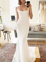 2021 spaghetti strap boho wedding dress mermaid soft stain long train bride gowns backless sleeveless simple vestidos de noiva