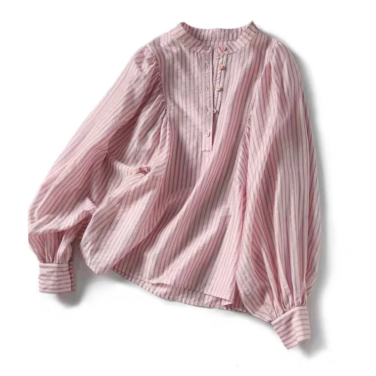 

Smile han pavilion new French court wind striped collar female lantern sleeve hubble-bubble sleeve shirt
