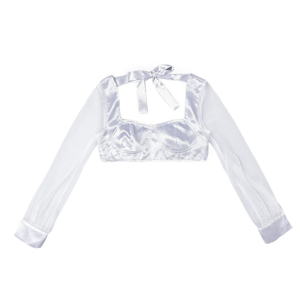 

Summer Women Sexy Bra Blouse See Through Long Sleeve Low Collar Backless Bandage White Short Tops