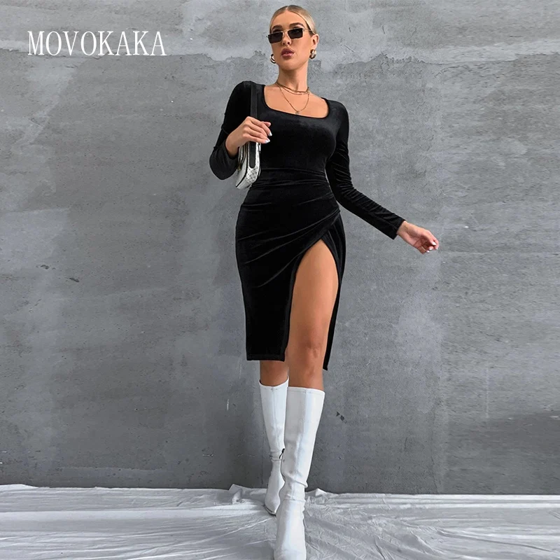 

Осенне-зимнее Фланелевое черное платье MOVOKAKA, женские вечерние элегантные сексуальные облегающие платья с разрезом и длинным рукавом, женск...