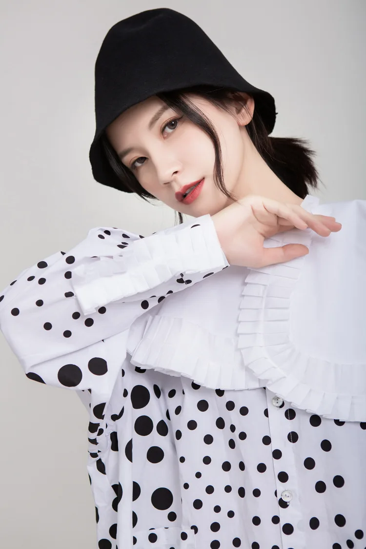 

New 2020 Designer Dress Women Irregular Dots Printed Ruffles Big Peter Pan Collar Cotton Dresses Oversized Lady's Loose Vestido