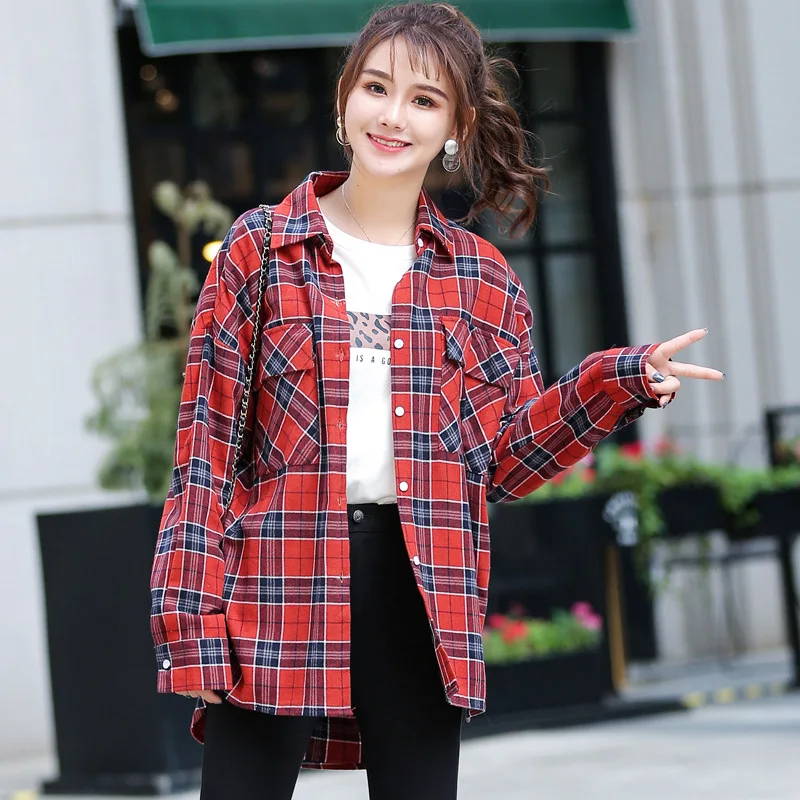 Женская Длинная блузка на пуговицах свободная в клетку с принтом одежда для