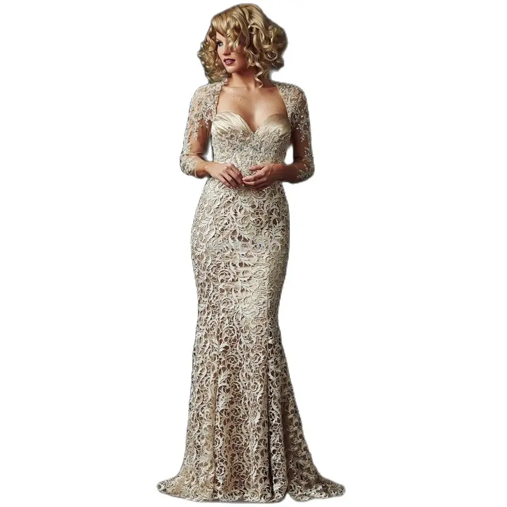 

Gorgeous Beaded Lace Mermaid Mother of the Bride Dresses Sweetheart Long Sleeves Mother's Gowns With Jacket