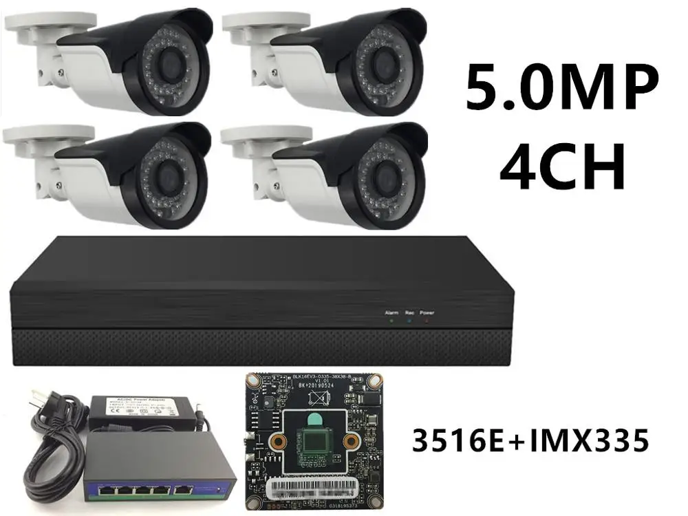 4CH IP комплект видеонаблюдения 5.0MP 4.0MP 3.0MP 2.0MP 48 В PoE пуля камера Platic 36 светодиодов