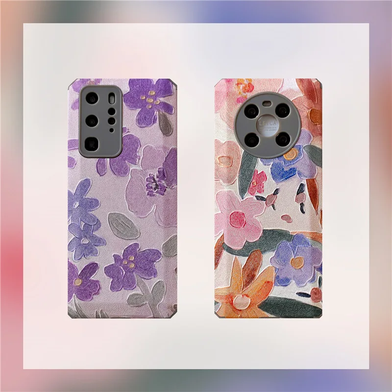 

Purple Flower Cases for Huawei Mate 40 30 Pro Nova 7 8 Pro Leather TPU Flowers Cover for INS Luxury for Huawei P30 P40 Pro Case