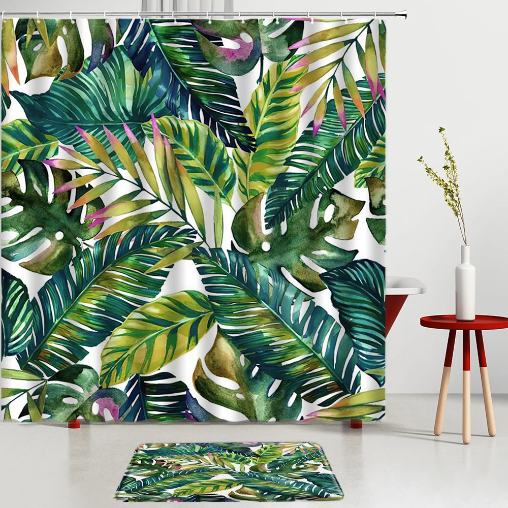

Tropical Green Plants Leaf Shower Curtains Set Bath Mat Palm Leaves Kitchen Bathroom Room Decoration Entrance Door Mats Carpets