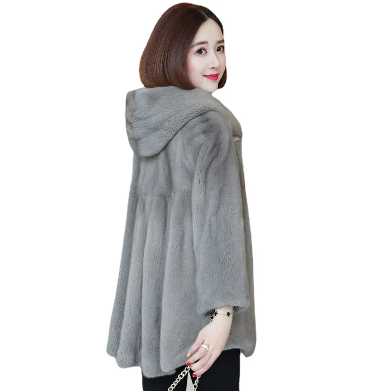 2023new Whole Mink Fur Coat Women Loose Mid-length Hooded Imported Simple Commuter Jacket Winter Single Breasted Skirt