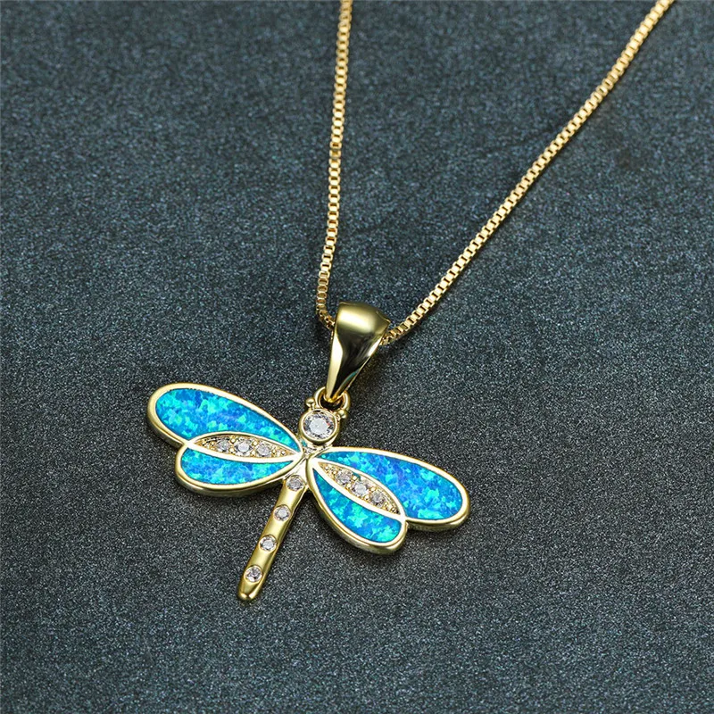 

Luxury Female White Opal Pendant Necklace Charm Crystal Animal Chain Necklaces For Women Cute Gold Dragonfly Wedding Necklace