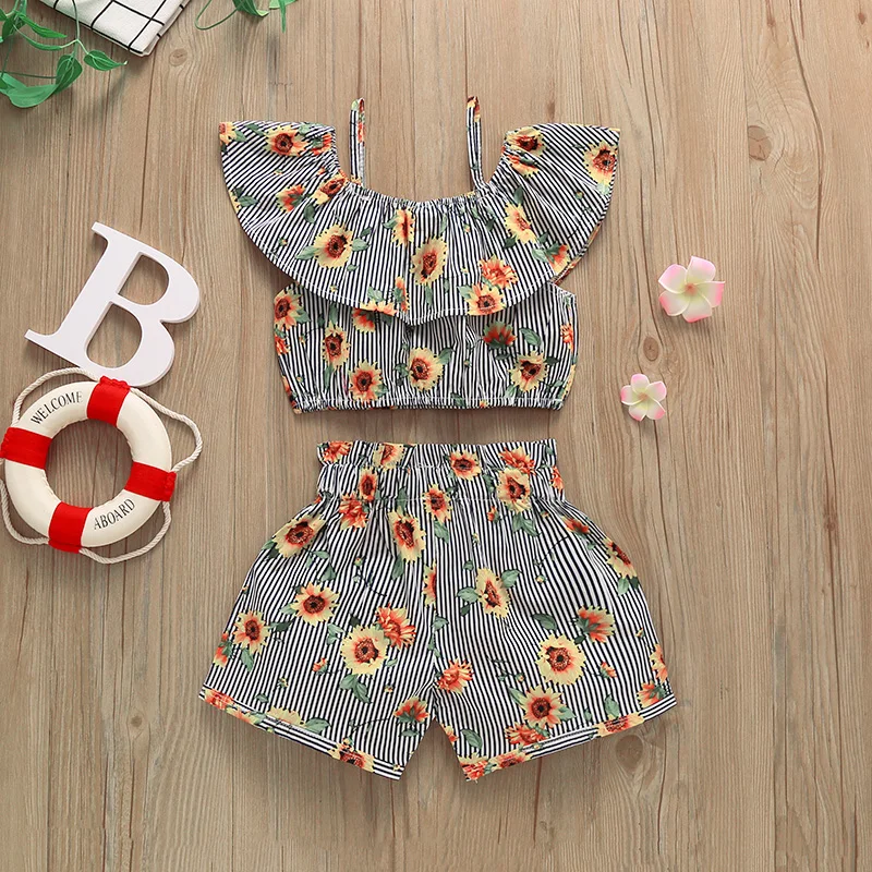 

Pudcoco 2021 Summer 1-6Y Baby Girl 2Pcs Set Watermelon/Sunflower Print Sleeveless Spaghetti Strapes Ruffled Crop Top+Shorts