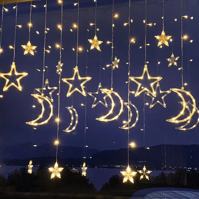 

220V LED Fairy Star Moon Light Warm White Curtain Christmas String Lights Outdoor For Wedding Birthday Party Garden Window Decor