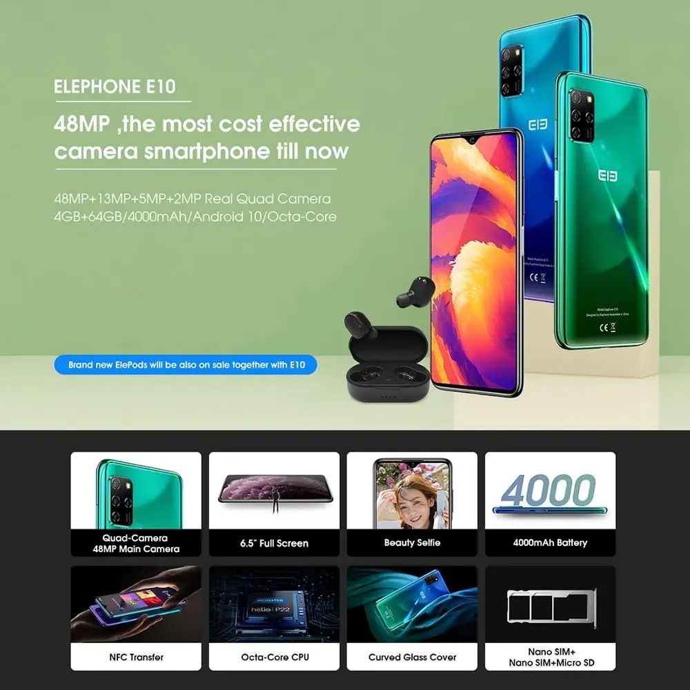 ELEPHONE E10 восьмиядерный смартфон 4 Гб 64 6 5 "Экран Quad Камера 48MP Android 10 NFC сбоку