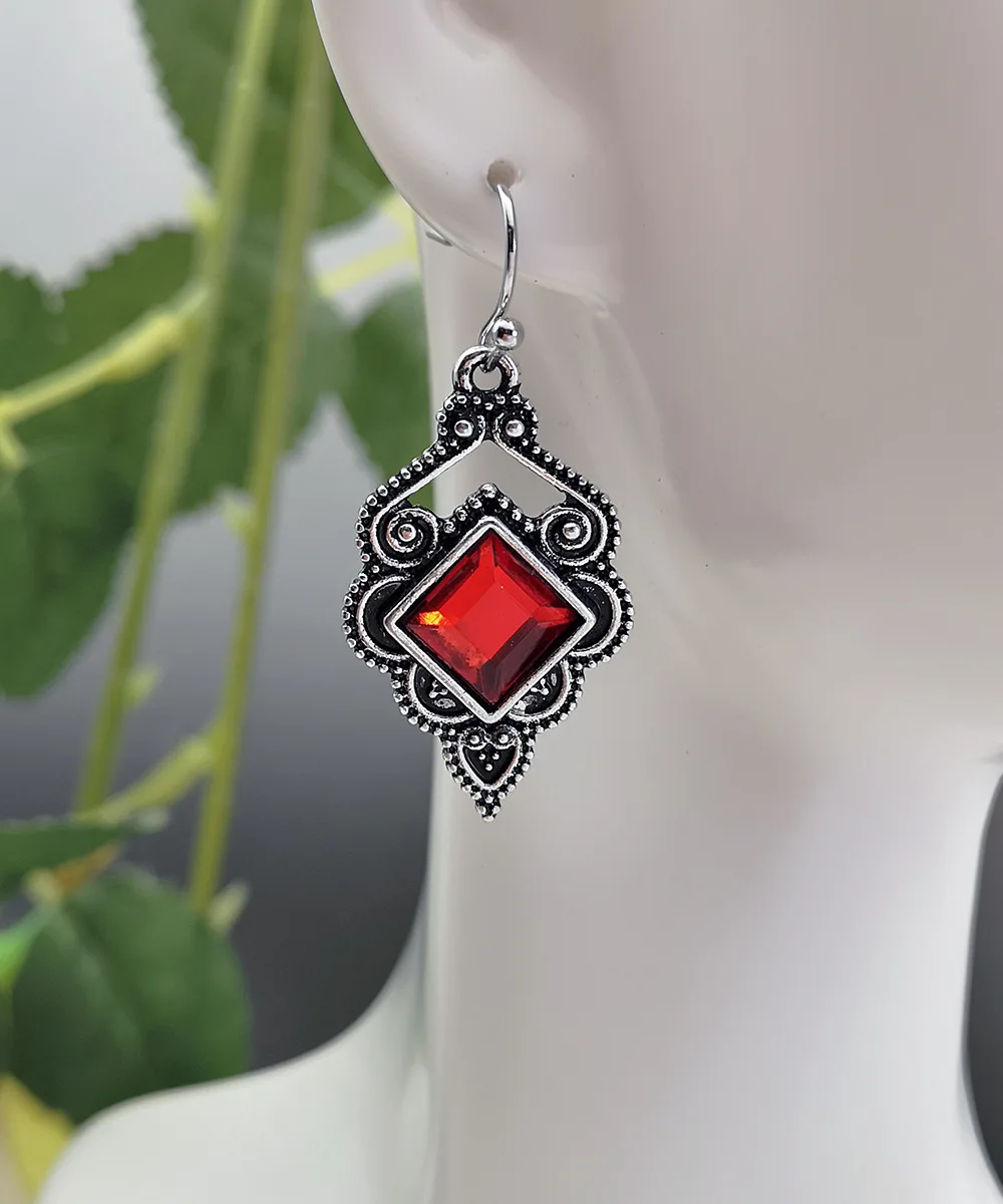 

New vintage woman's earrings ruby square diamond zircon silver plated earrings holiday anniversary birthday gift
