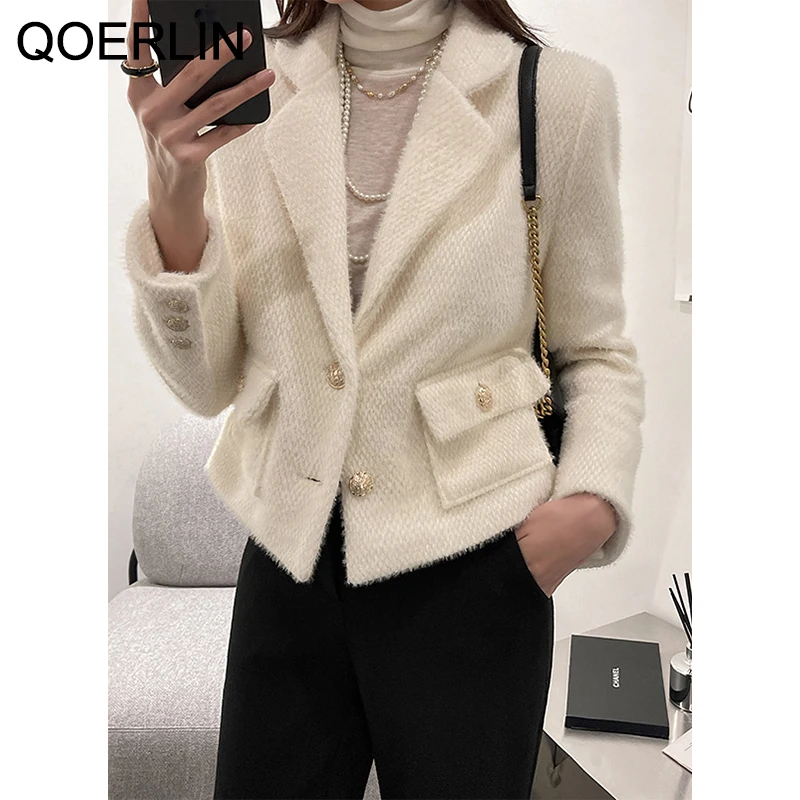 Женский однобортный Блейзер QOERLIN черный шерстяной пиджак с отложным воротником и