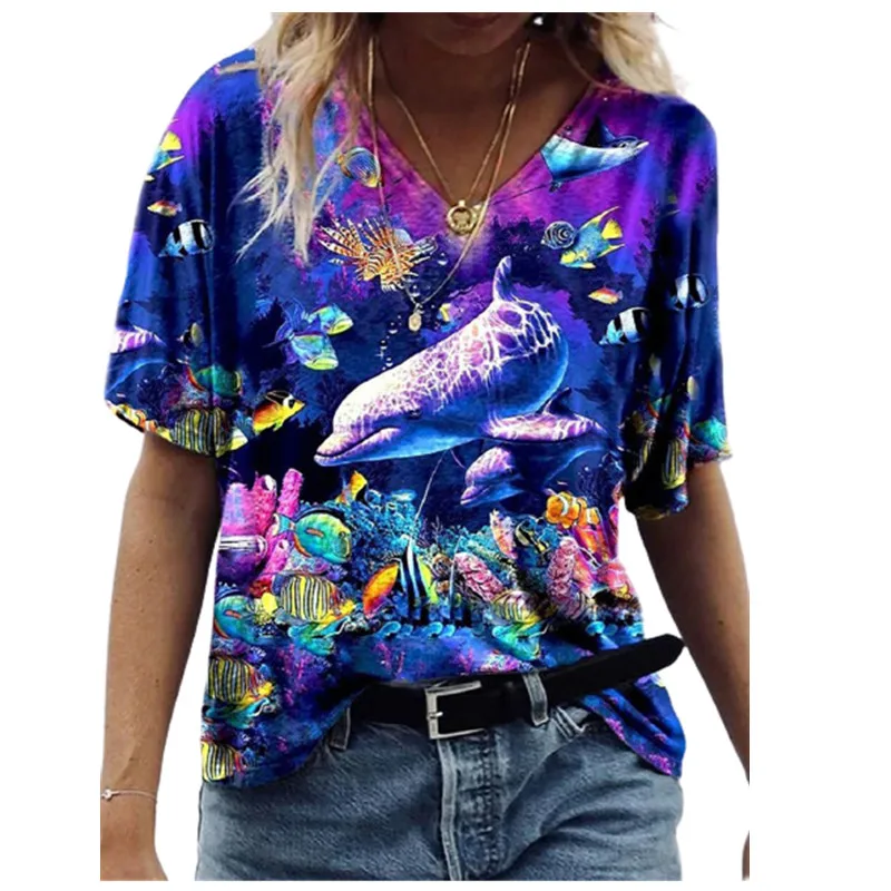

3D Marine Animal Print Women Short T Shirt Summer 2021 Fashion Street Hipster Female Tee Tops Casual V-Neck Loose Plus Size Top