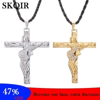 skqir vintage guitar cross pendant necklace for women leather chain rhinestone necklace stainless steel gold silver jewelry gift