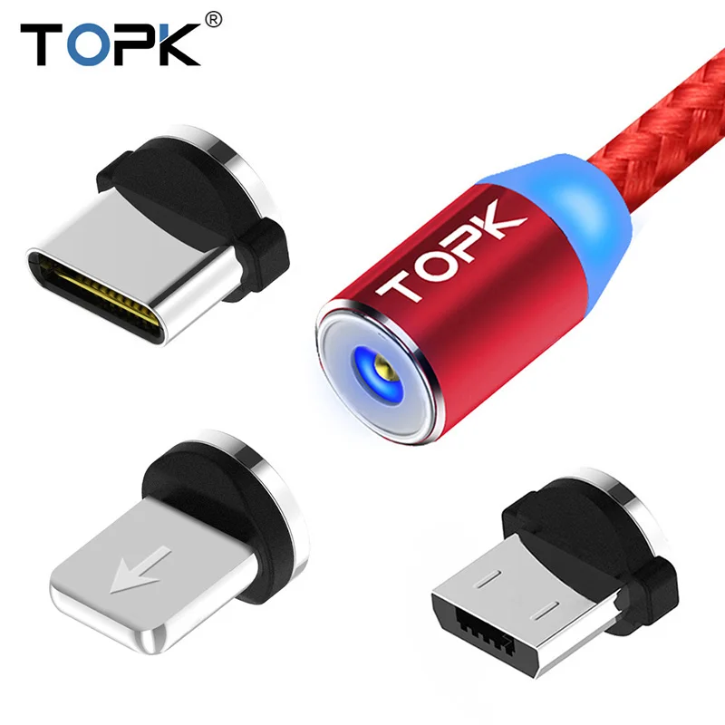 СВЕТОДИОДНЫЙ Магнитный зарядный кабель TOPK 1 м для iPhone Xs Max XR X 8 7 6 Plus, кабель Micro USB и кабель usb type C, Магнитный зарядный кабель USB C
