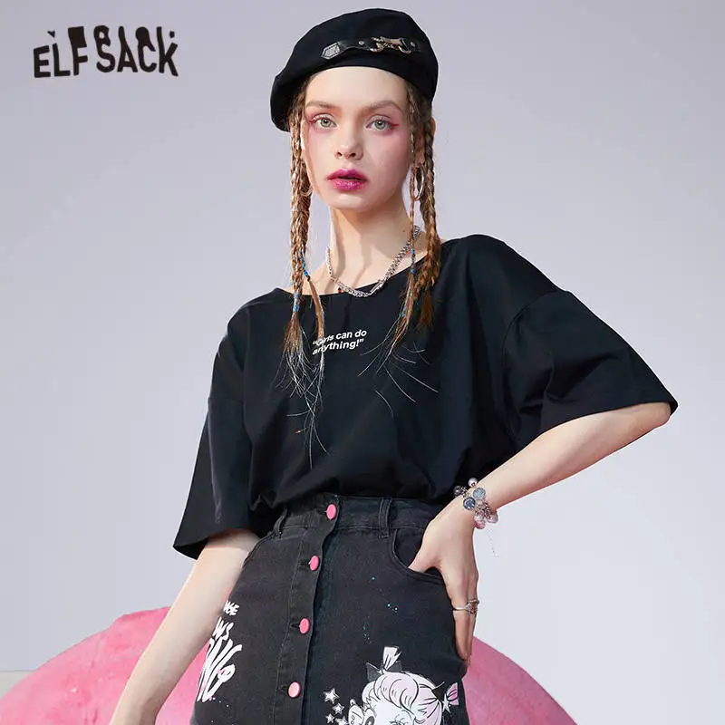 

ELFSACK/повседневные Летние футболки с буквенным принтом для женщин; Коллекция 2021 года; Весенние винтажные женские корейские топы на каждый де...