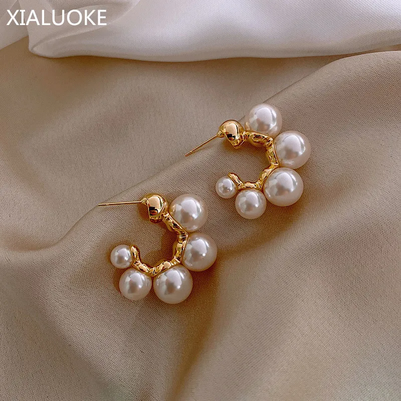 

XIALUOKE S925 Needles Fashion Metal Geometry C Faux Pearls Open Hoop Earring Trendy Elegant Vintage Earrings For Women Gifts
